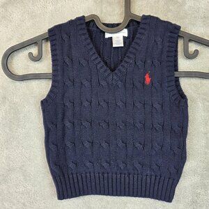 Ralph Lauren Sweater Vest Baby Boys 12M Navy Blue Cable Knit Pullover Pony Logo
